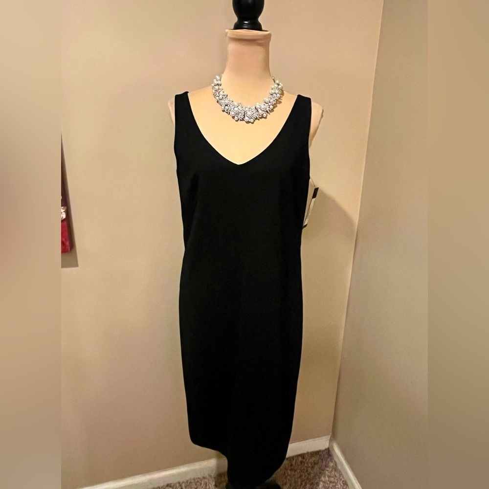 Black Sheath Midi Cocktail Pointe Dress with Deep front & back V-Neck, size M